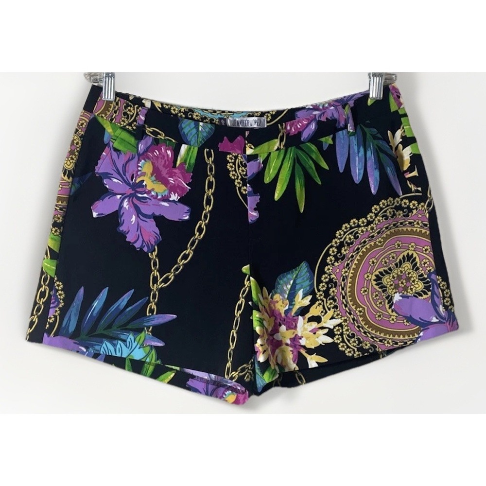Floral Chain Print Women’s Shorts - Black & Purple